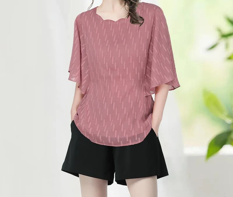 法式花边领雪纺剪花短袖上衣新款减龄粉色系带收腰衬衫SD242959