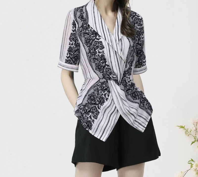 欧货西装领条纹衬衫夏季新款设计感小众扭结修身短袖上衣SH231915