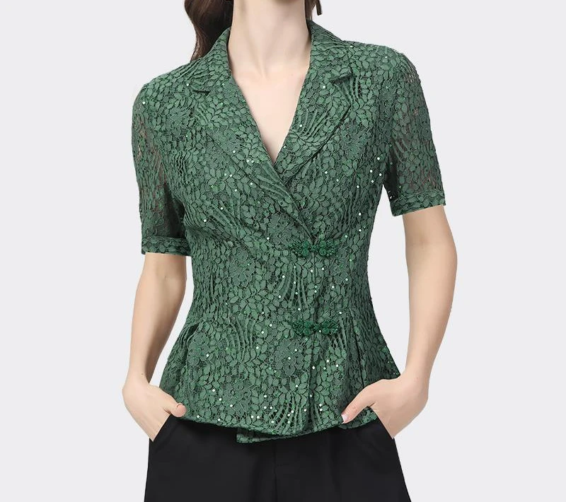 短袖蕾丝衫设计感西装领衬衫收腰显瘦小衫气质职业通勤SA18367