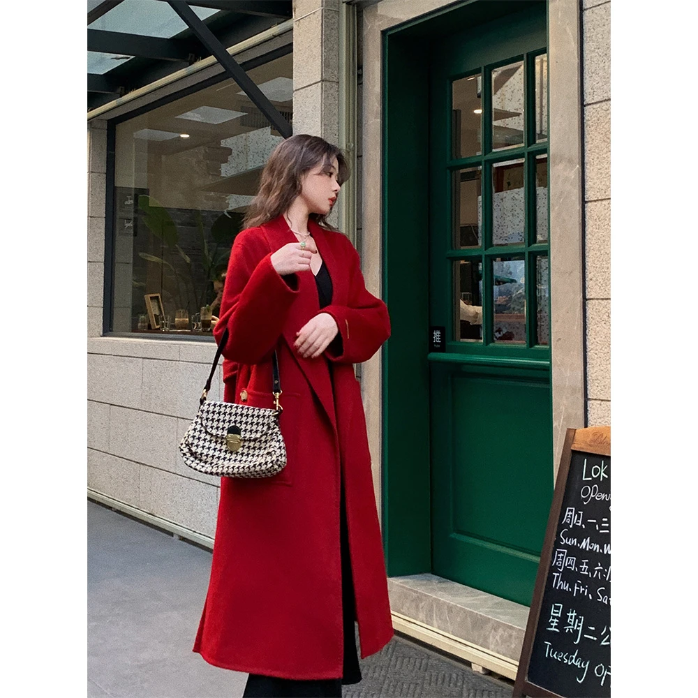 EIA一尧【温莎红酒】秋冬赫本风羊毛绒中长款大衣气质翻领毛呢外套