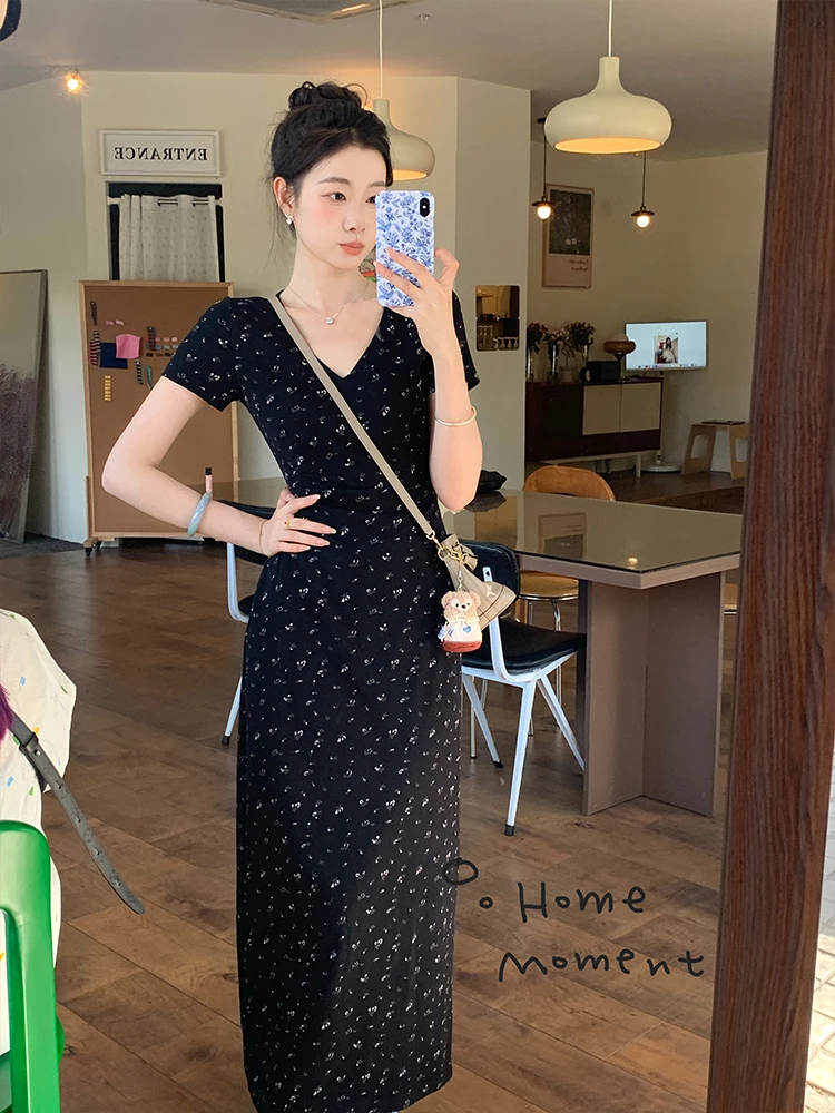 EIA一尧【首尔高材生】纯欲气质碎花短袖连衣裙女韩版收腰显瘦长裙