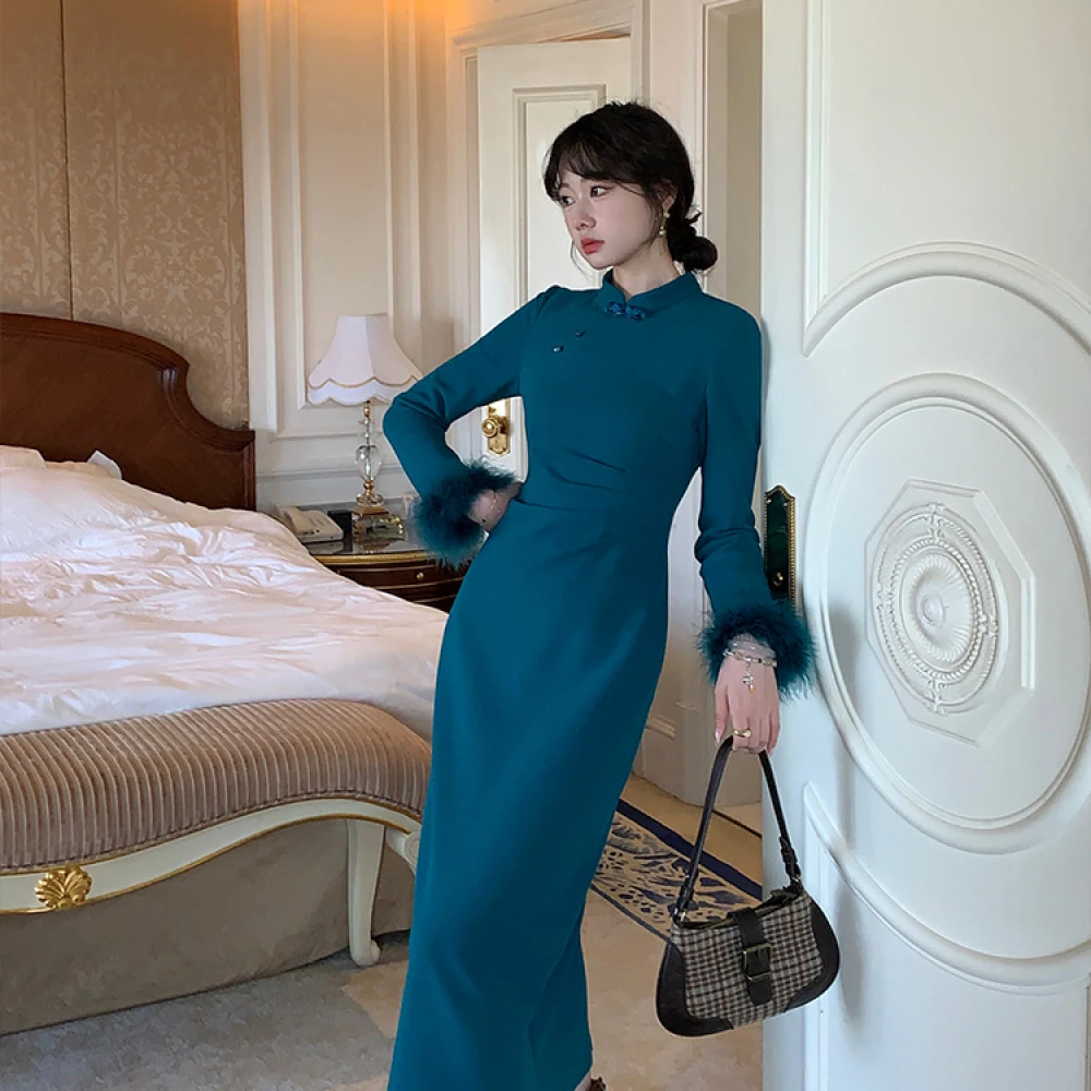 EIA一尧【空谷幽兰】新中式复古气质中长款改良旗袍连衣裙高级长裙