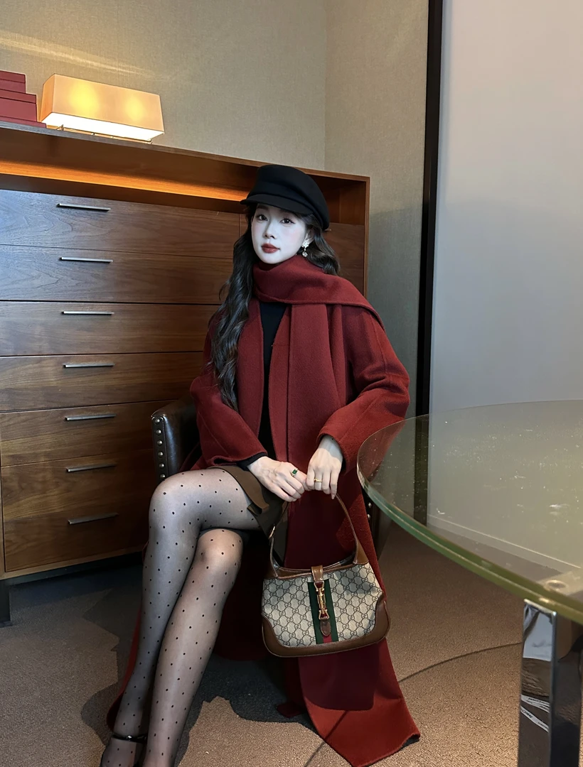 EIA一尧【勃艮第晚宴】100绵羊毛双面呢大衣红色外套复古高级气质冬