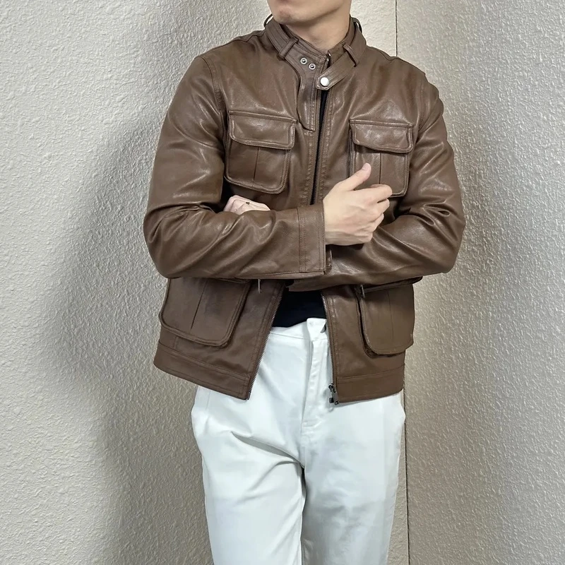 和一合集秋季新款男士美式复古立领多口袋时尚百搭猎装PU皮夹克