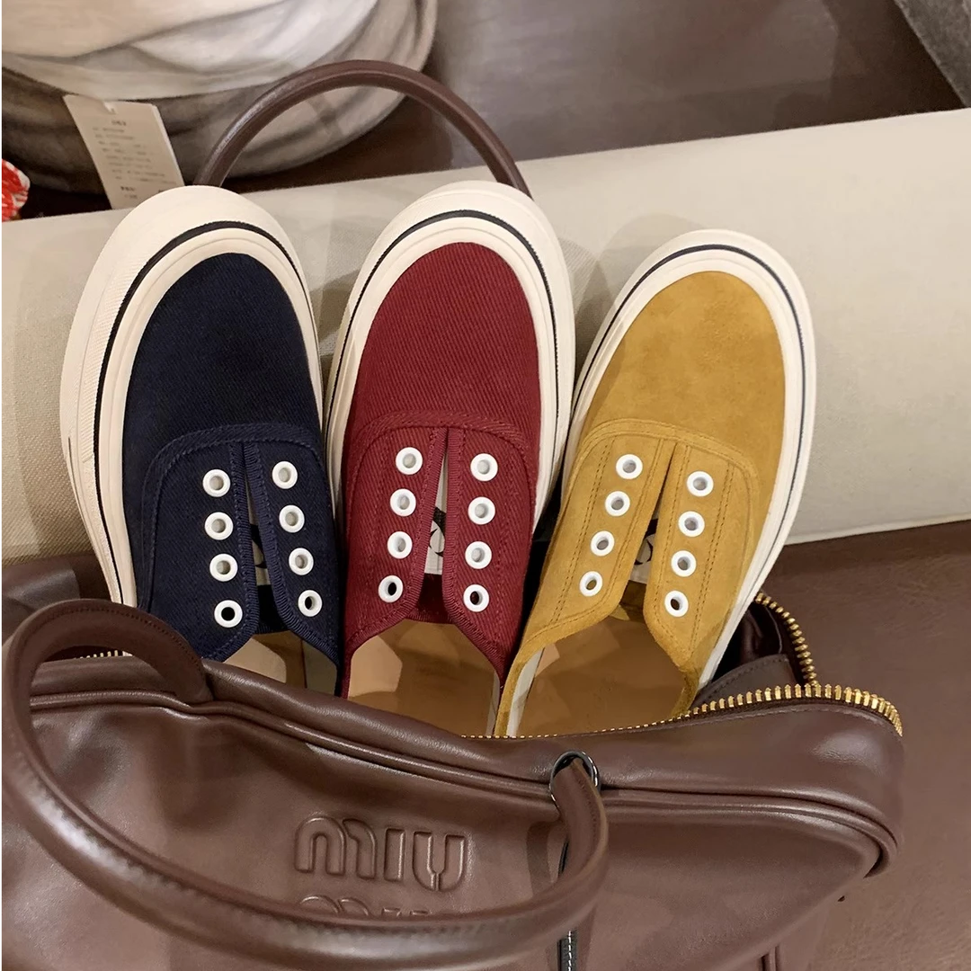 【Rm】懒人福音~一脚蹬圆头厚底增高百搭休闲帆布鞋女2025秋冬新款