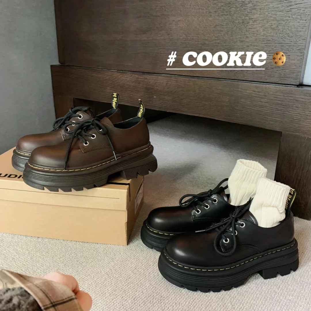 【Rm】小马丁~英伦风系带增高粗跟厚底dr德比单鞋女圆头乐福小皮鞋