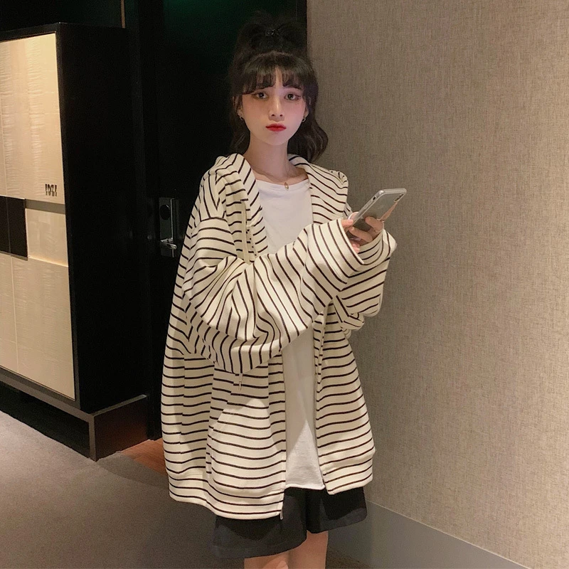 纯棉连帽条纹卫衣女2023年春秋薄款中长慵懒风宽松开衫外套ins潮