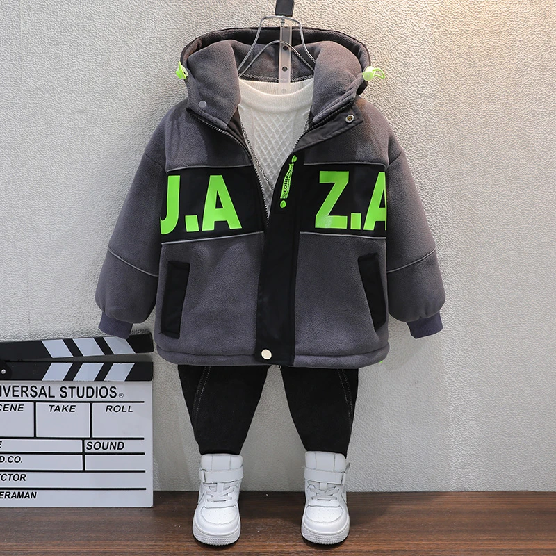 男童加绒外套洋气秋冬装儿童加厚棉服时髦痞帅小童宝宝韩版童装潮