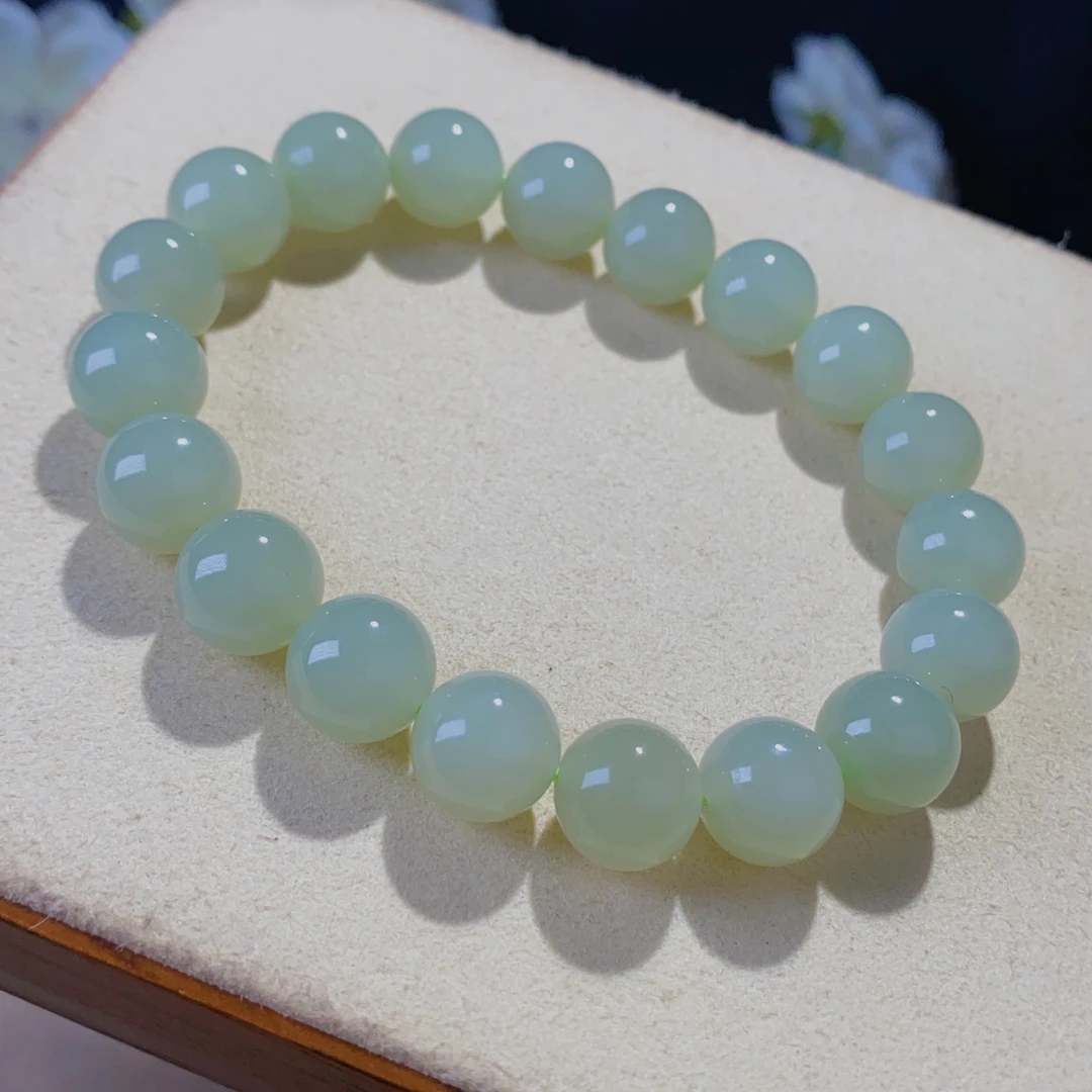 天然和田玉新疆且末蓝圆珠约10mm手链素单圈手串女@0274