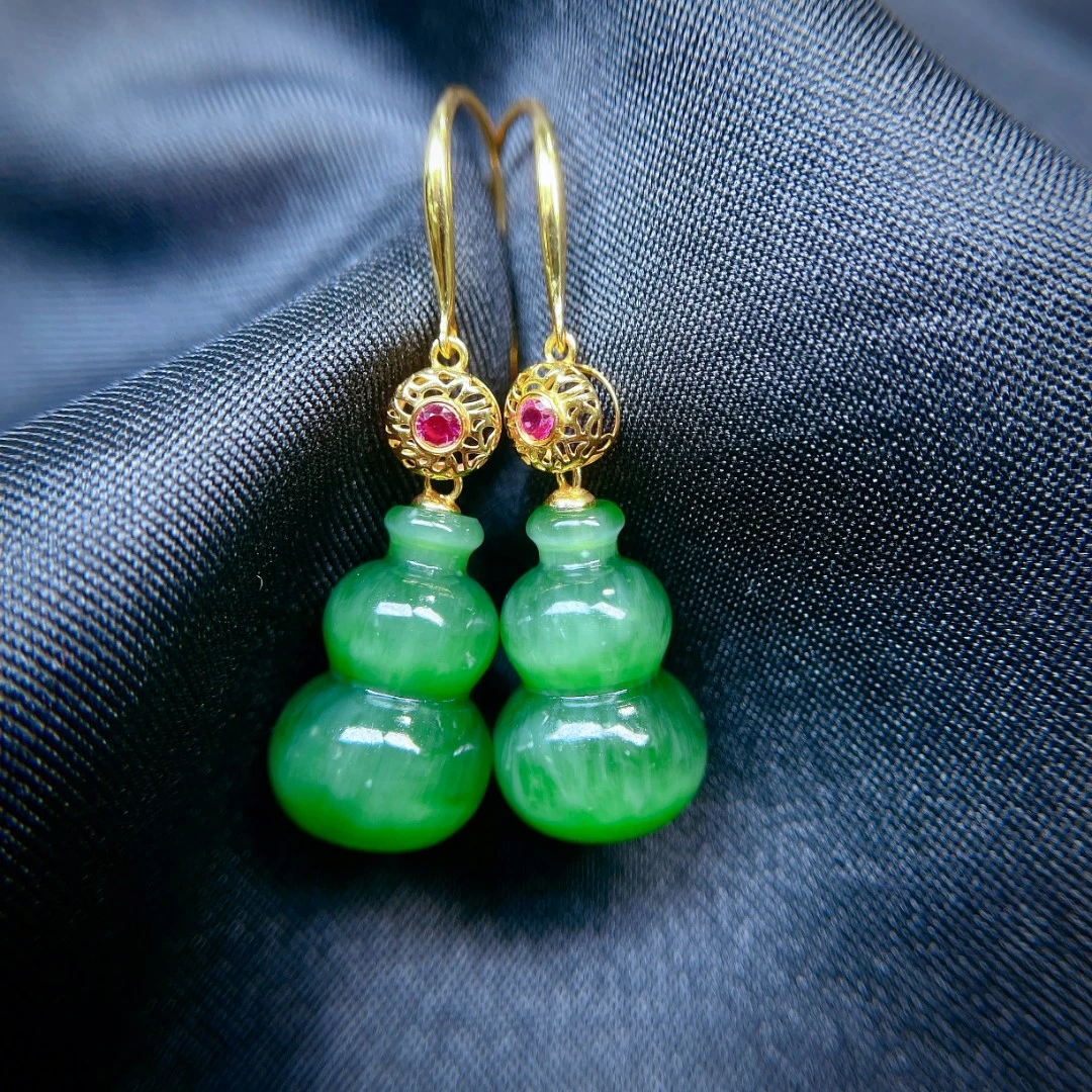 天然和田玉碧玉猫眼18K金葫芦耳环鸿运福禄耳饰经典气质女款@3153