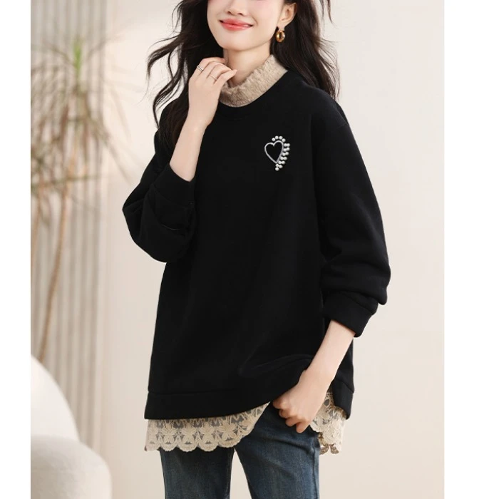 黑色半高领加绒卫衣女冬加厚2024新款宽松显瘦蕾丝拼接假两件上衣