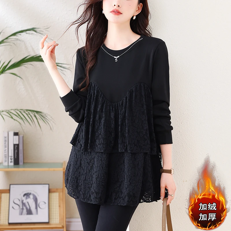2025春装新款大码女装时尚打底衫显瘦时尚洋气蕾丝拼接卫衣上衣
