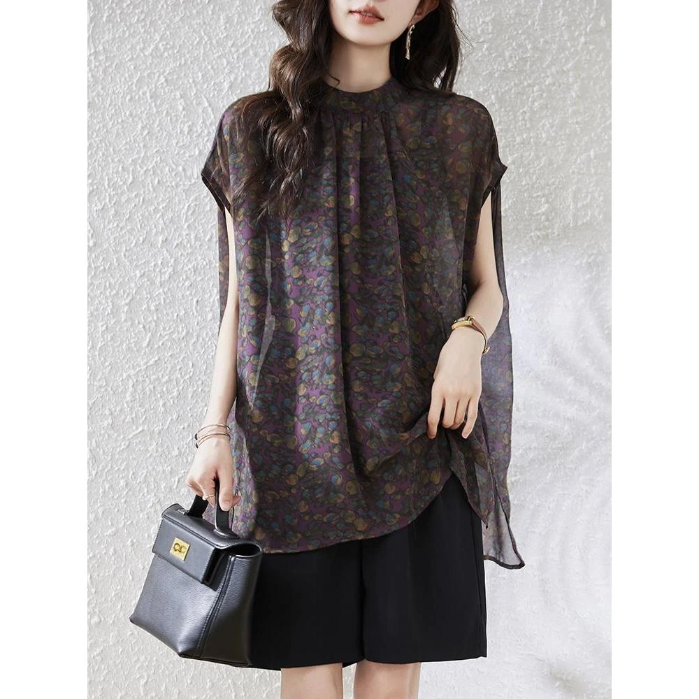 大码女装设计感洋气百搭休闲碎花衬衫女2024夏季新款复古印花短袖