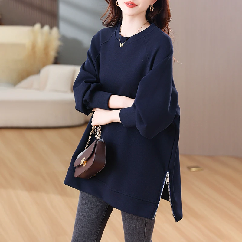 春秋大码女装休闲洋气设计感宽松遮肉显瘦时尚卫衣外穿中长款上衣