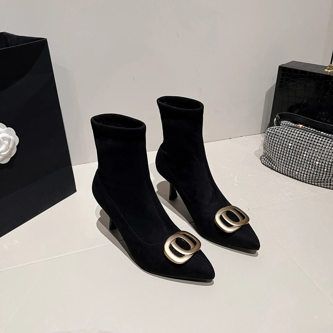 茱茱家气质5CM-7CM高跟瘦瘦靴黑色秋冬百搭时尚网红尖头中跟法式