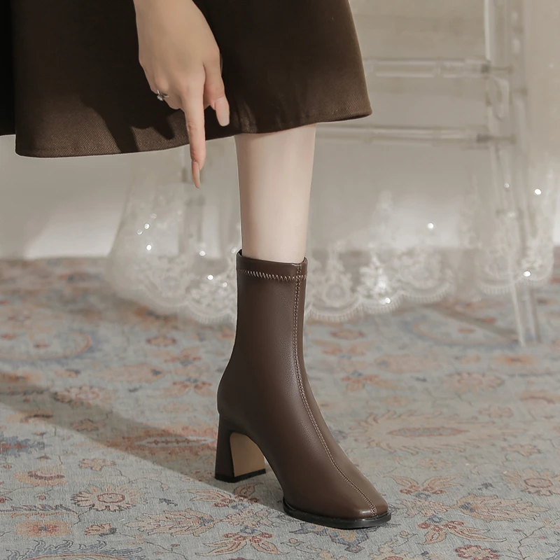 茱茱家高跟7CM瘦瘦靴时尚百搭复古法式英伦风方头秋冬中跟气质