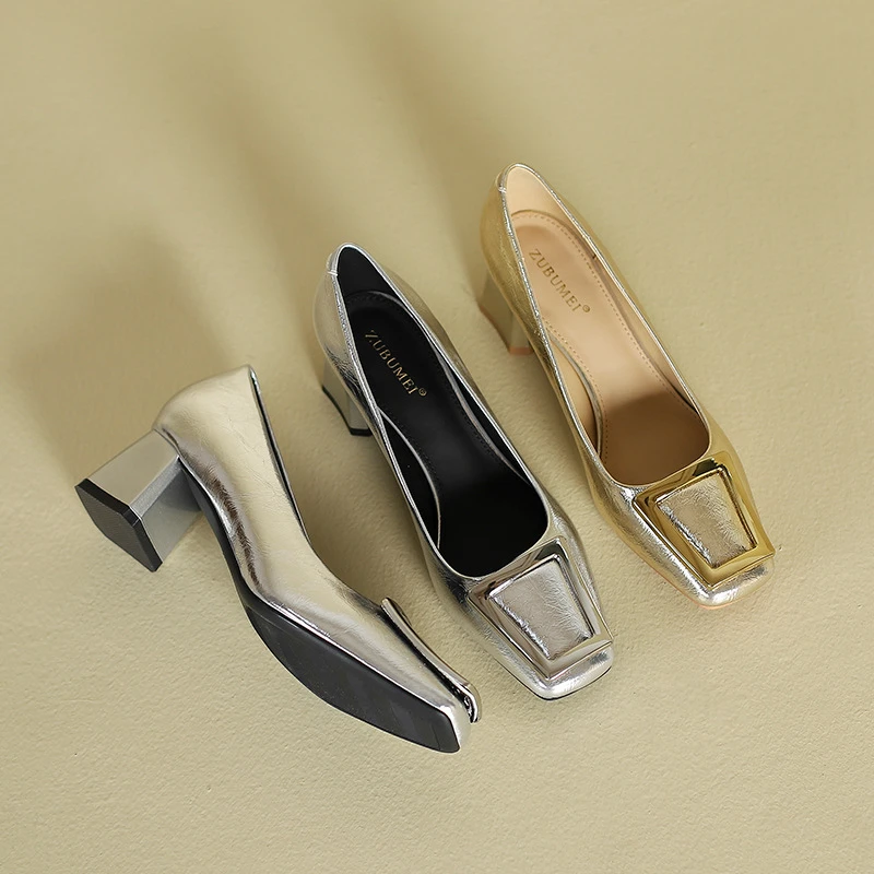 中跟粗跟玛丽珍鞋女银色方扣单鞋女2024秋新款方头高跟鞋