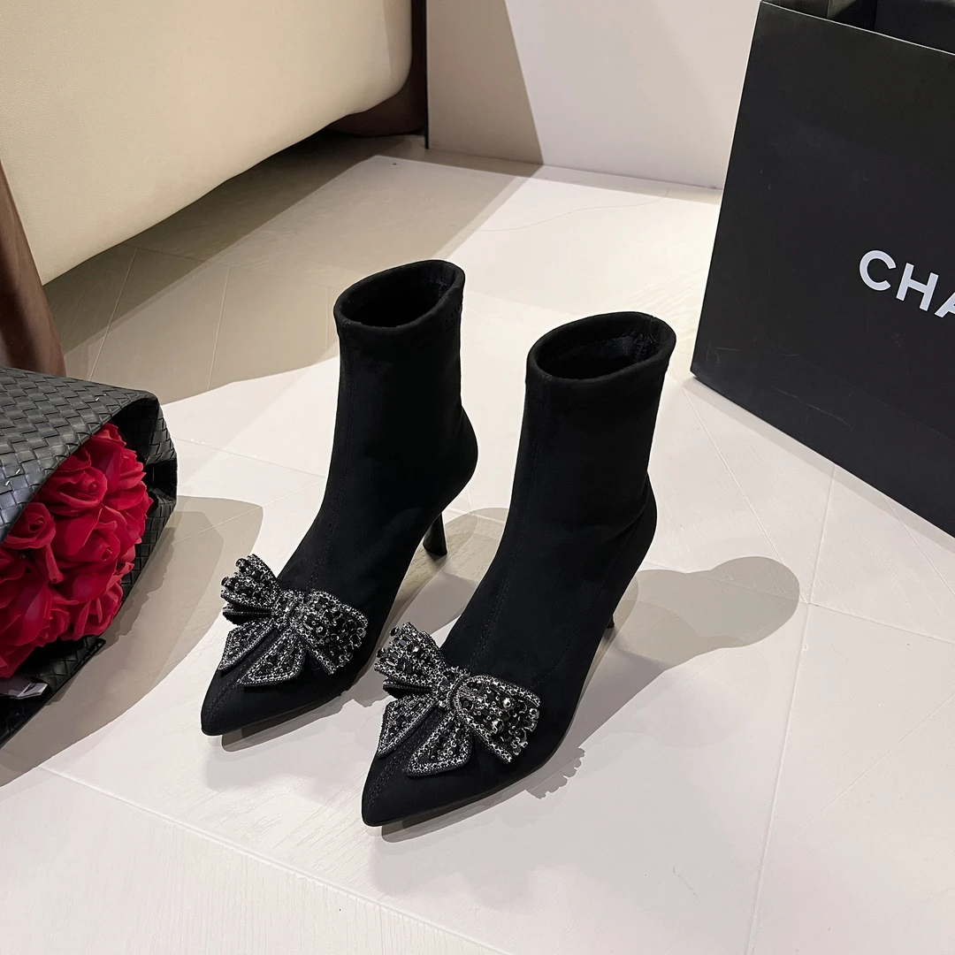 茱茱家5CM-7CM蝴蝶钻气质时尚百搭细跟尖头弹力靴冬季网红加绒靴