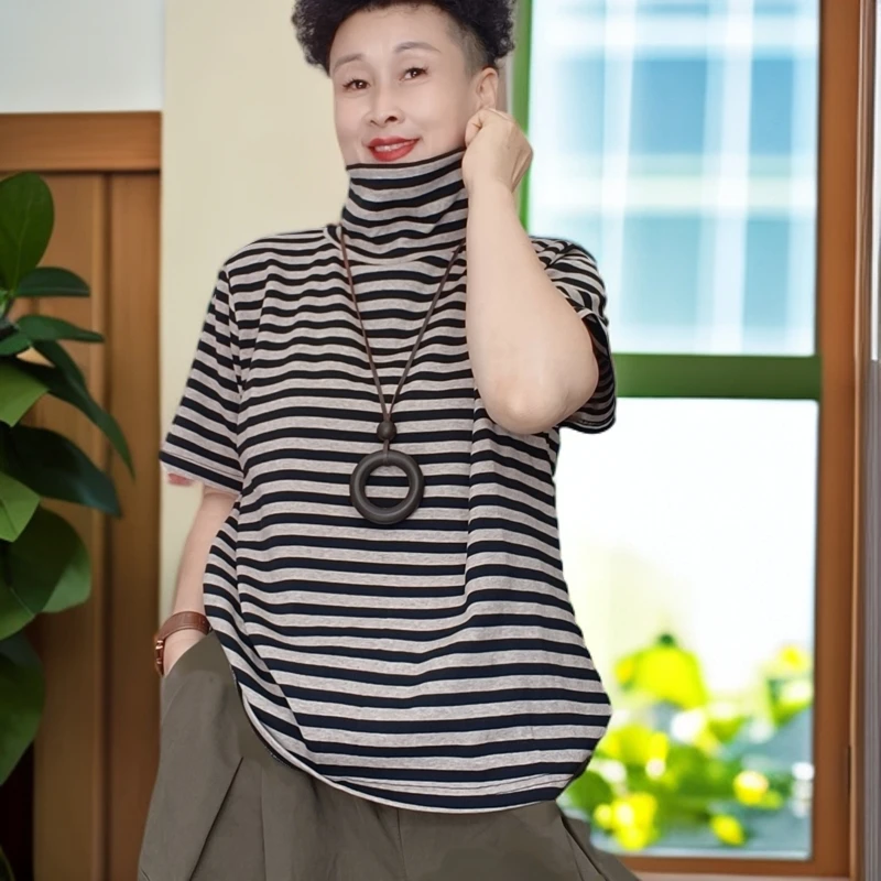 春秋款堆领条纹外穿打底衫