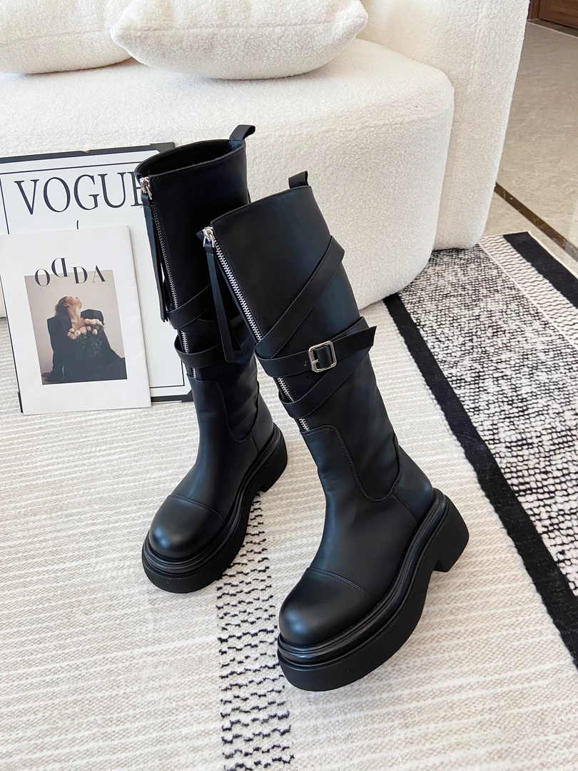 2024秋季新款欧货复古中筒靴厚底时尚百搭拉链机车骑士靴一靴俩穿