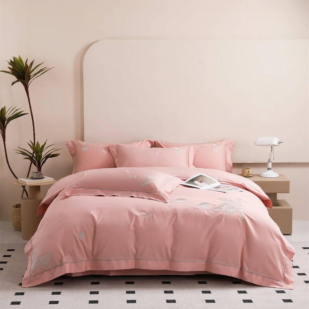 皇室嘉和秋曼豆沙全棉四件套长绒棉轻奢绣花简约四季款