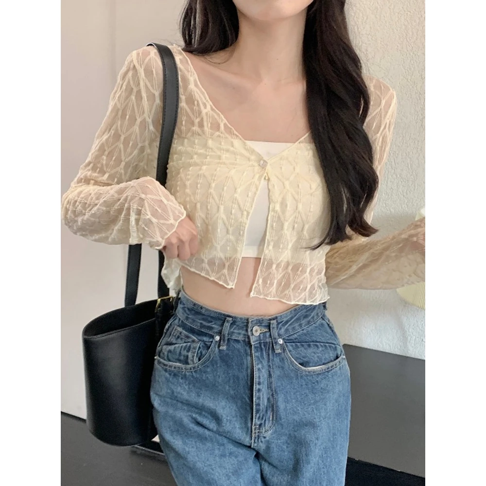 百搭夏季法式网红爆款小衫外搭短款菱格镂空蕾丝开衫外套女上衣服