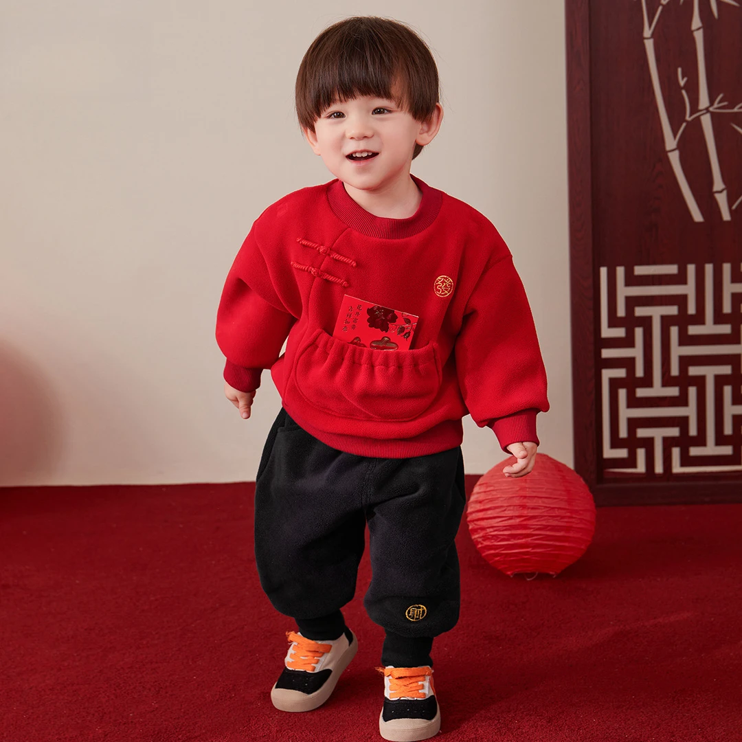 小乐趣宝宝套装冬季过年儿童加绒两件套衣服婴儿新年唐装冬装新款