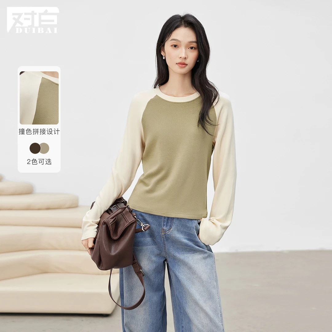 D01对白复古撞色插肩袖针织T恤女长袖打底上衣EDT213