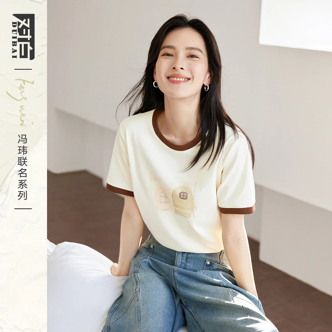 【对白】D01对白撞色印花短袖T恤上衣EDT116