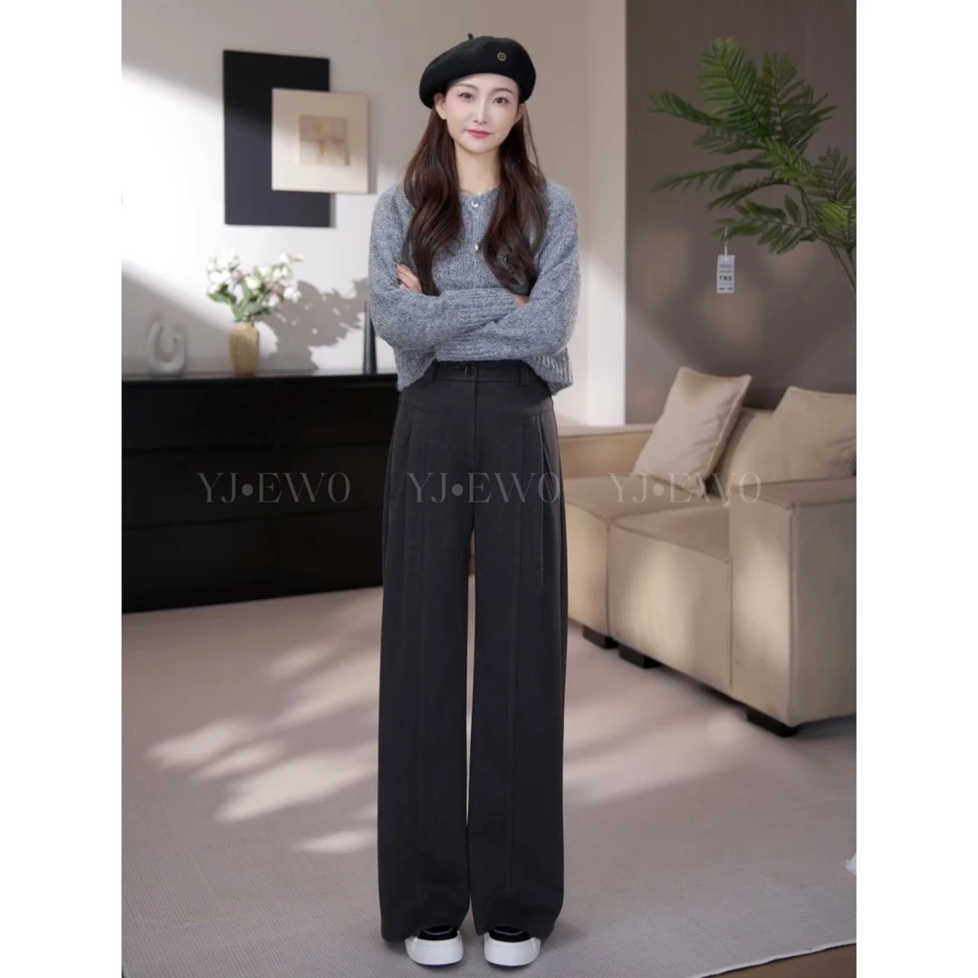 【小爽小个子】秋季斜跨高腰时尚显瘦拖地宽松直筒休闲裤-YJ7990