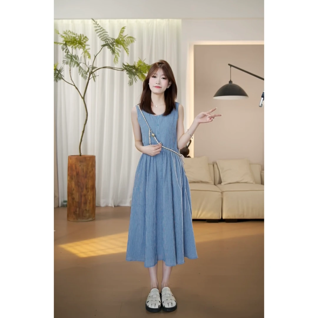 (周周小个子)夏季百搭格纹高腰圆领宽松薄款连衣裙-7002