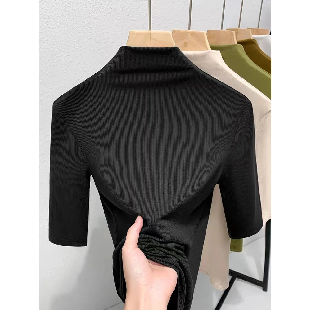 莫代尔中袖半高领打底衫女春秋季2024新款大码修身内搭五分袖上衣