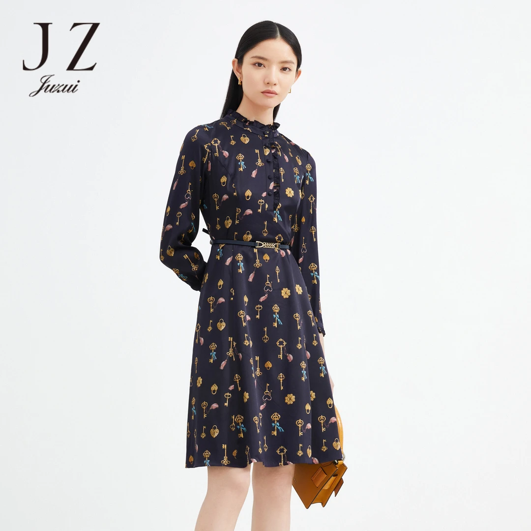 JWBQ50004商场同款桑蚕丝A字连衣裙女装秋季新款印花裙子收腰复古