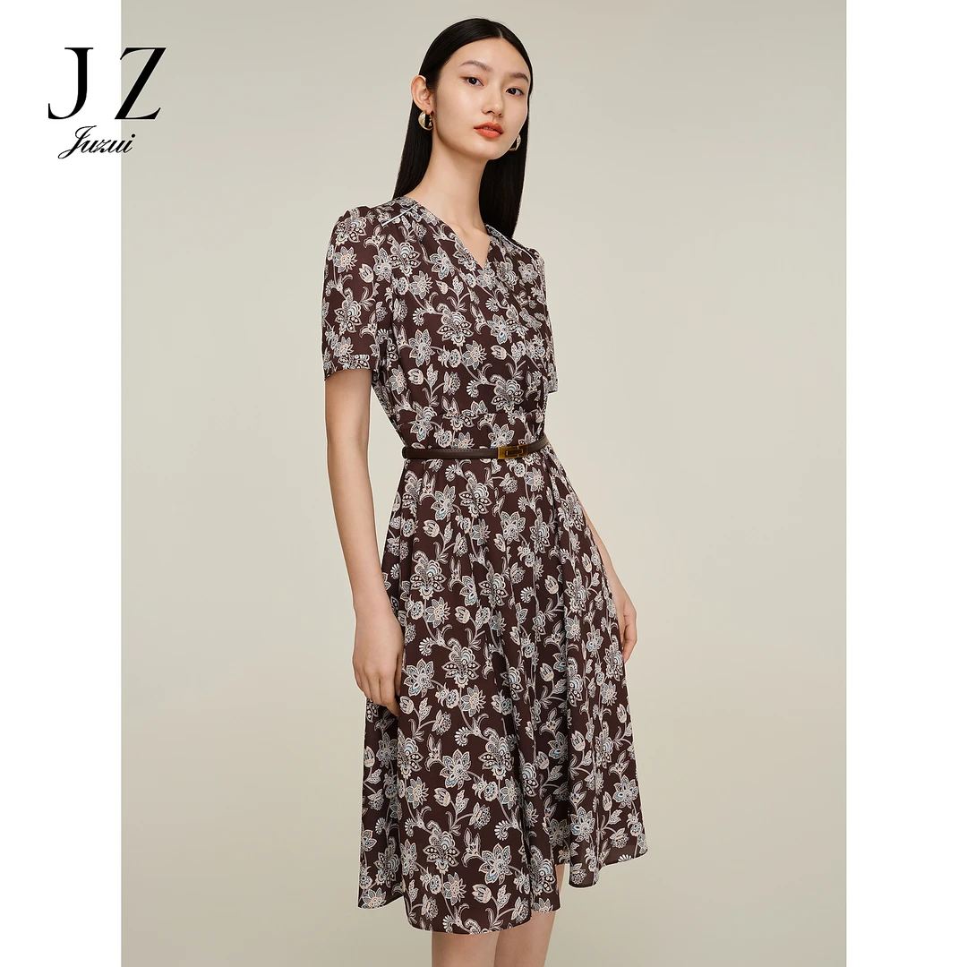 JZ玖姿商场同款JWDX50008女人味V领花卉雪纺连衣裙女2023夏季新款