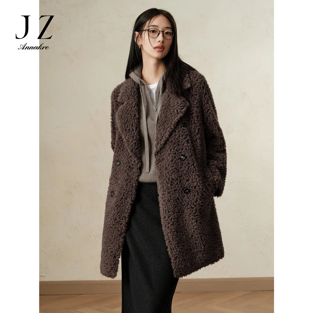 玖姿安娜蔻JTED02105慵懒松弛感老钱风颗粒中长大衣女2024冬新款