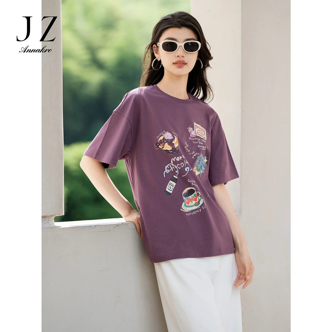 玖姿安娜蔻KWFX83239美式印花珠片棉oversize短袖T恤女夏款