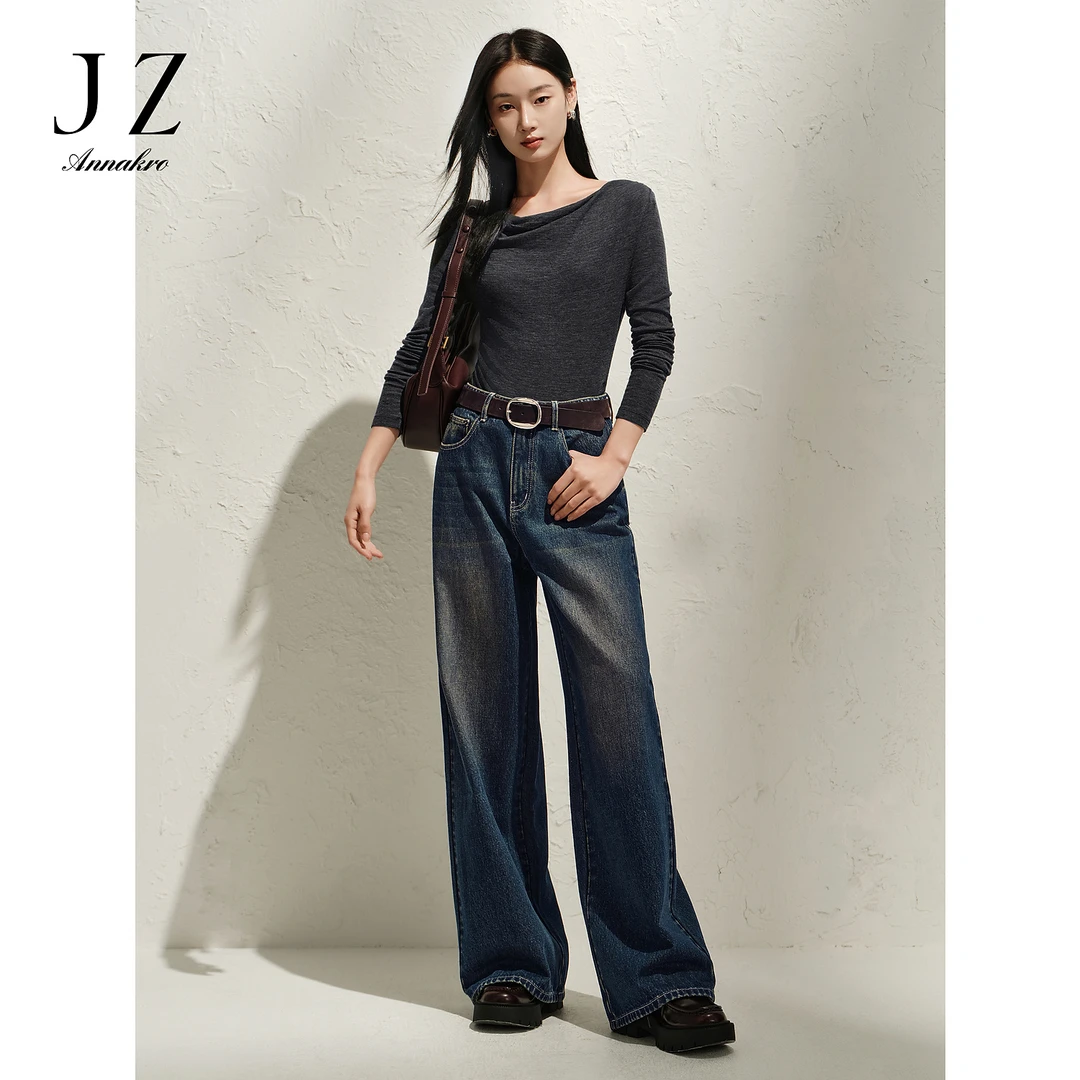 玖姿安娜蔻KWFC12108丹宁风老爹做旧宽松纯棉牛仔阔腿裤女2025春