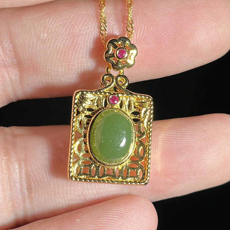 S925银和田玉菠菜绿碧玉10*8.5MM吊坠不含链FG115