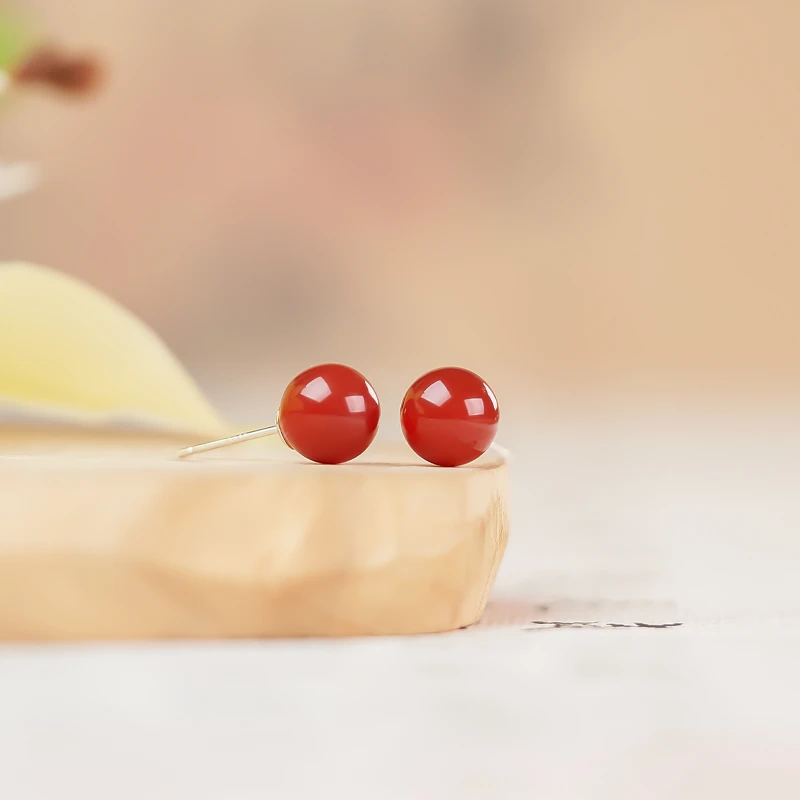 玉掌门-FL038-【相思豆-耳钉】S925银-镶嵌-红玛瑙精美百搭单珠耳钉