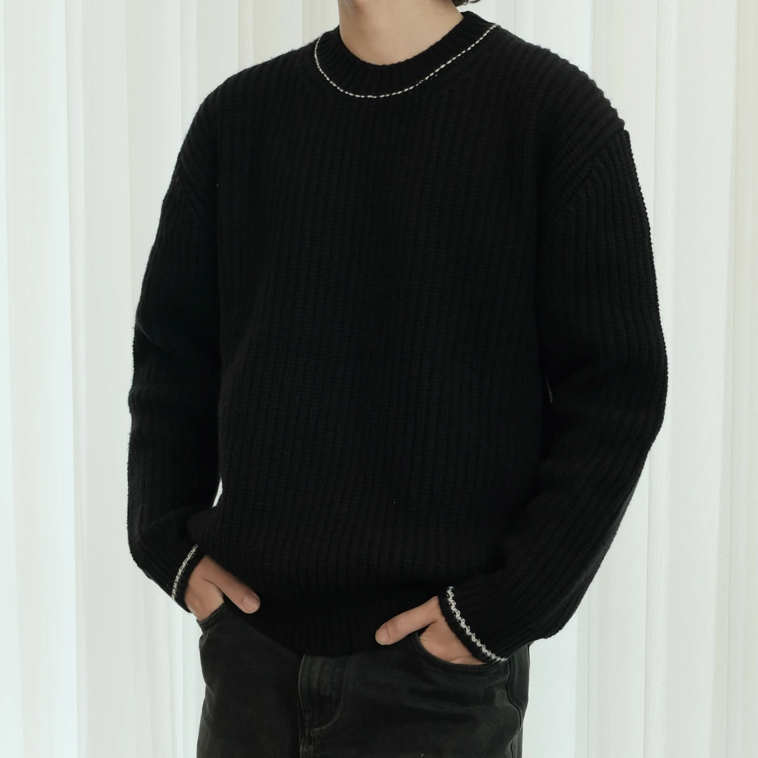 SEASONMARK秋冬黑色圆领宽松针织毛衣舒适休闲百搭保暖搭子卫衣男