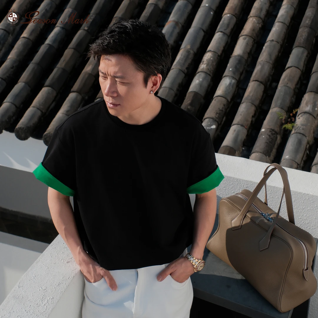 SEASONMARK【现货】新款轻奢双层拼色短袖宽松百搭圆领情侣T恤男