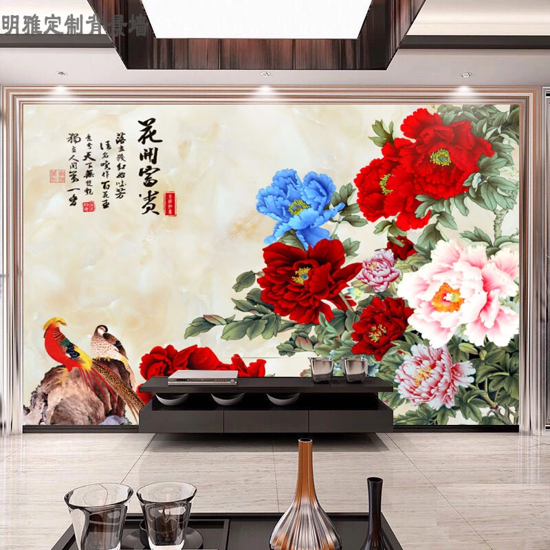 九款定制竹木纤维板牡丹花开富贵客厅电视背景墙[下单一份为1㎡]
