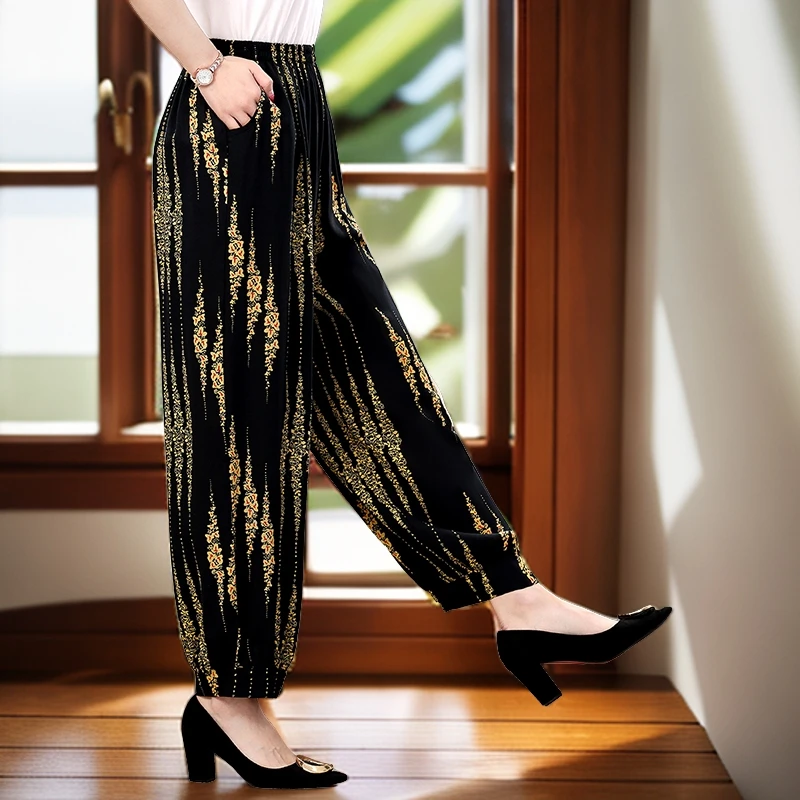 棉绸灯笼裤女士印花休闲裤中老年防蚊裤高腰宽松大码阔腿裤夏季薄