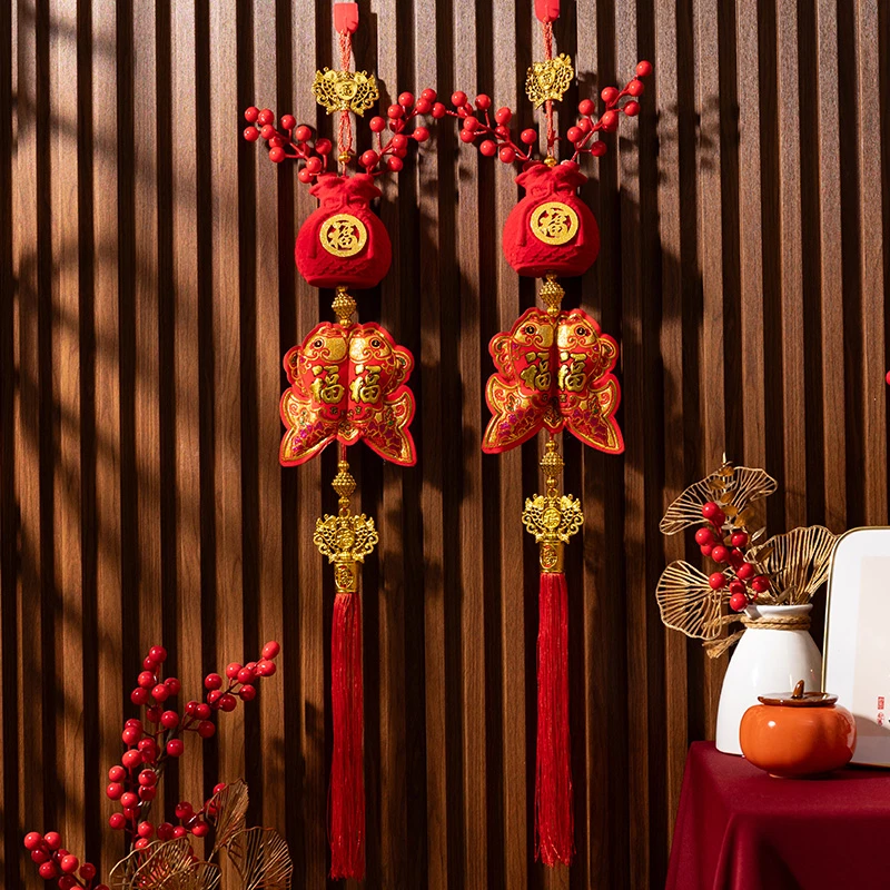 【双鱼款】金色福字花瓶对鱼挂件 红果挂件 立体植绒新年挂画挂