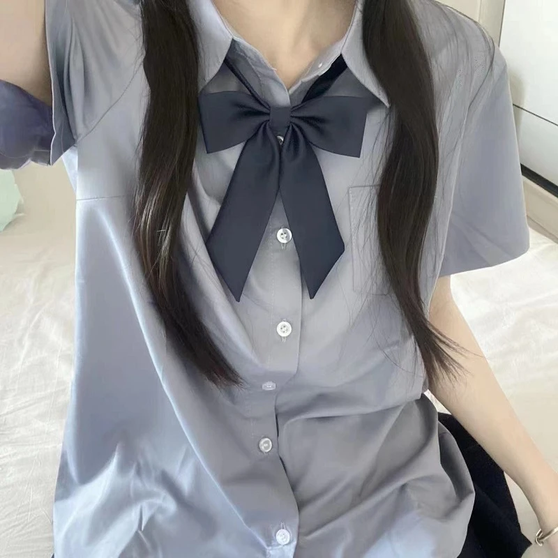 短袖jk衬衫纯色学院风蓝色衬衣夏季小众高级灰学生宽松上衣女