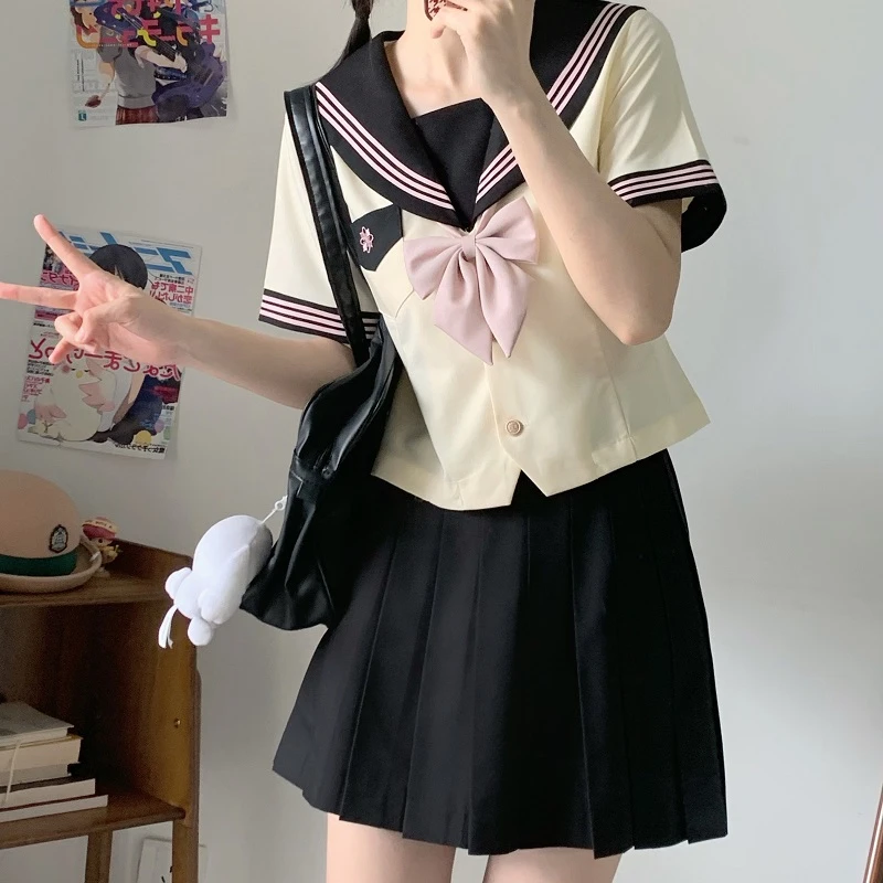 山茶与书学生奶黄jk制服水手服山茶女子收腰款学院风夏季短袖套装