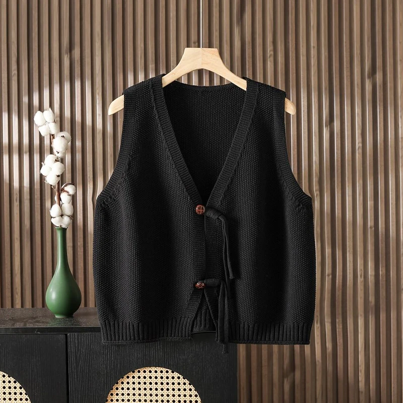 不起球时髦盘扣棉线针织马甲开衫女宽松春秋毛衣马夹无袖叠穿坎肩