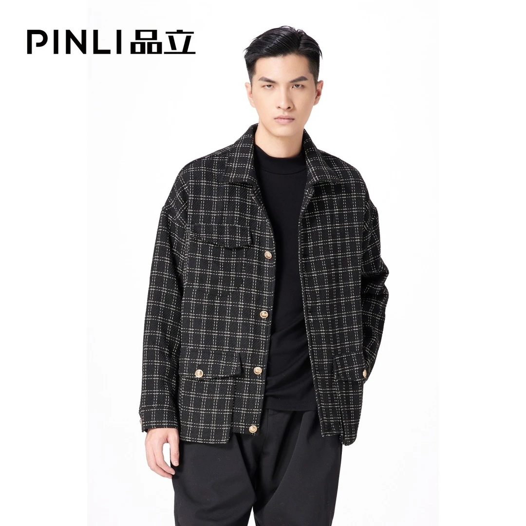 PINLI品立春装小香风格纹夹克外套B213304356