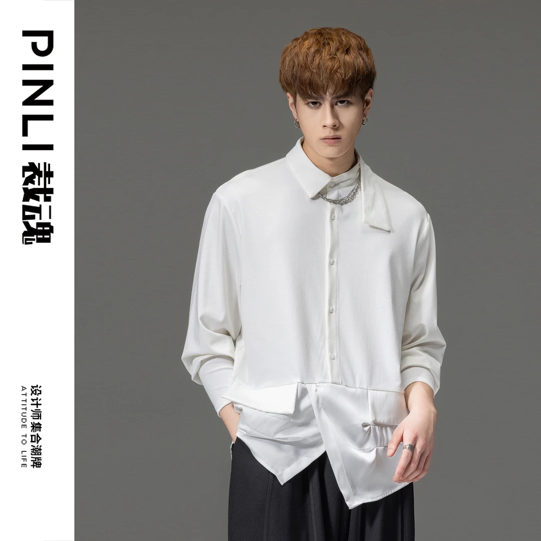 PINLI品立裁魂2023秋季新款男士尖领纯色长袖衬衫衬衣BC233113005