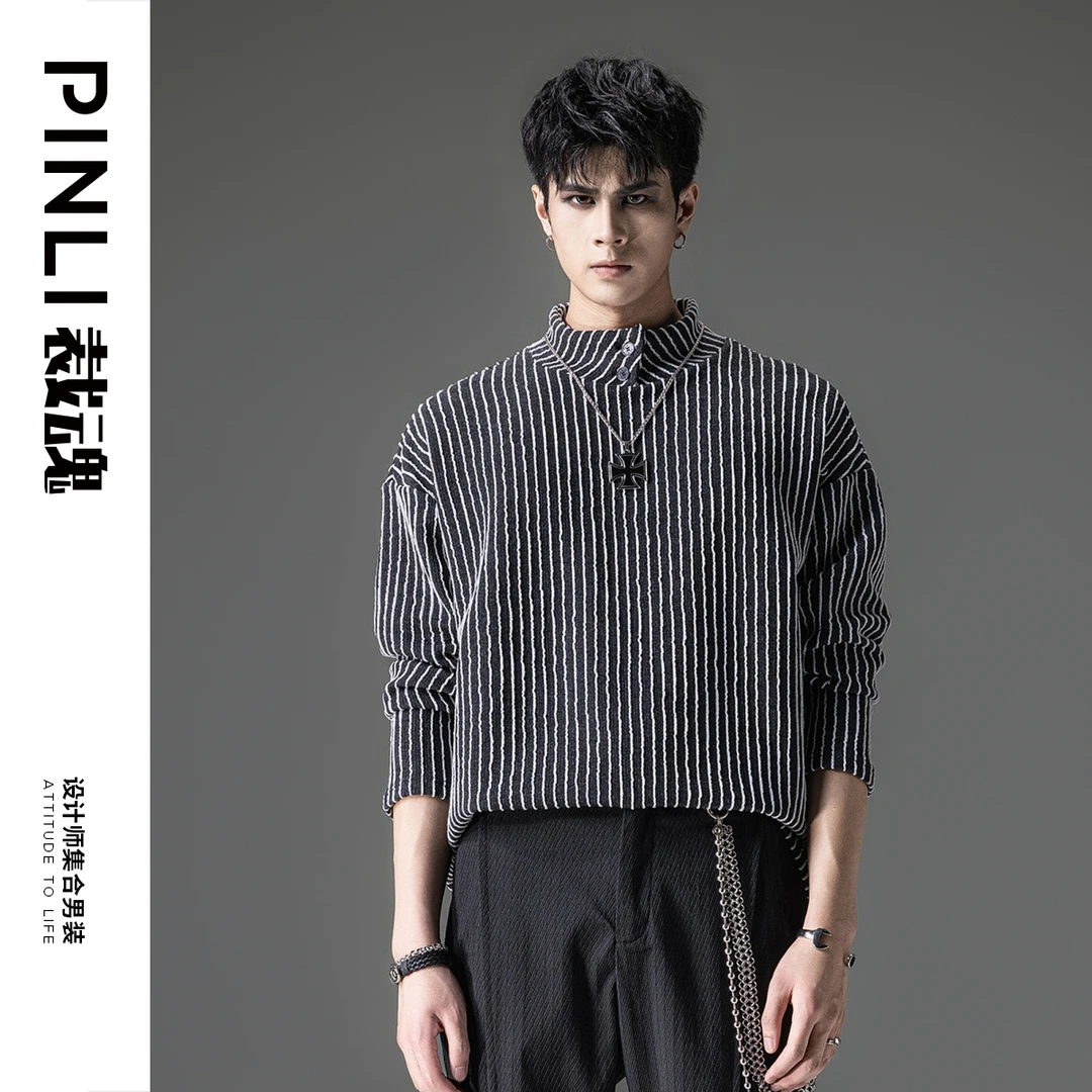 PINLI品立裁魂2022秋季新款高领条纹T恤潮男休闲体恤BC223111037